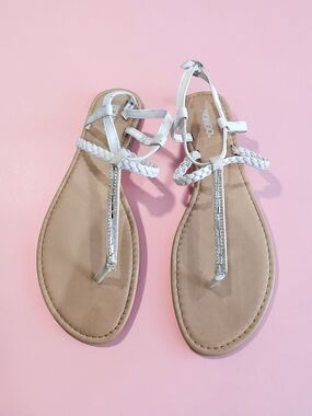 Bongo White Braided T-Strap Sandals with Rhinestone Accents